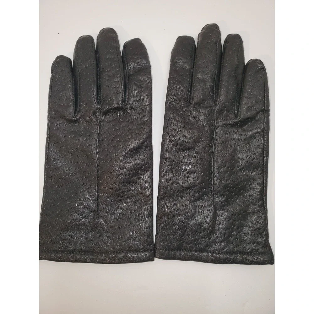 LADIES BLACK LEATHER WINTER GLOVES ACRYLIC KNIT LINING SIZE MEDIUM‎ CLEAN